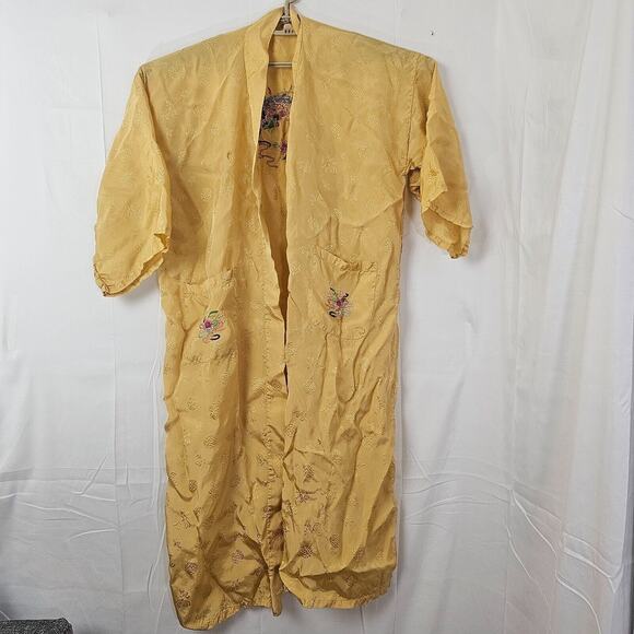 Vintage Golden Bee Chinese Yellow Embroidered Floral Satin Rayon Robe Kimono - Picture 1 of 11